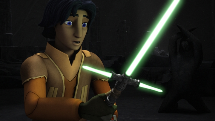 Ezra finds a cross guard lightsaber in the Jedi temple on Lothal